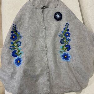 Gray Cape Alpaca with Blue Floral Embroidery one size
